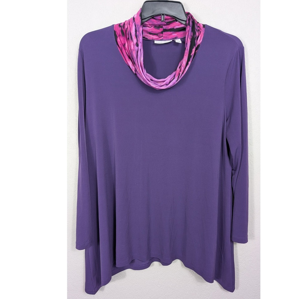 Susan Graver Tunic Top Women XL Purple Liquid Knit Cowl Neck Sharkbite A267983